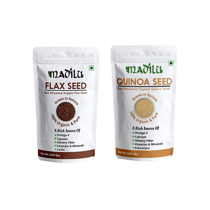 Madilu 100% Organic Raw Flax Seed - Fibre & Omega 3 Rich Superfood 250 Grams + Quinoa Seeds for Weight Loss 500G