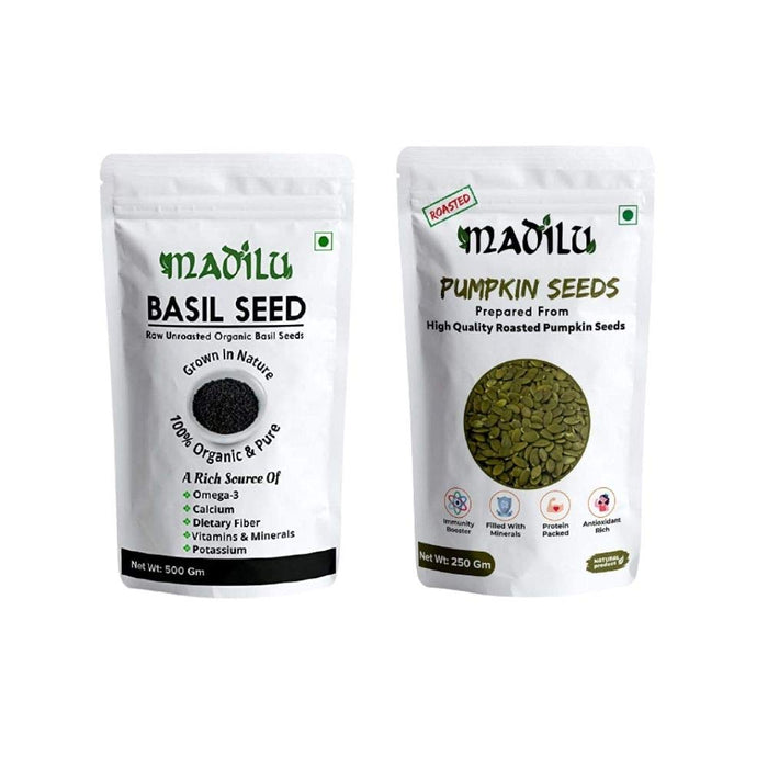 Madilu 100% Organic Premium Raw Basil Seeds - 250 Grams + Roasted Pumpkin Seeds for Eating; Snacks 250g (Combo Pack)