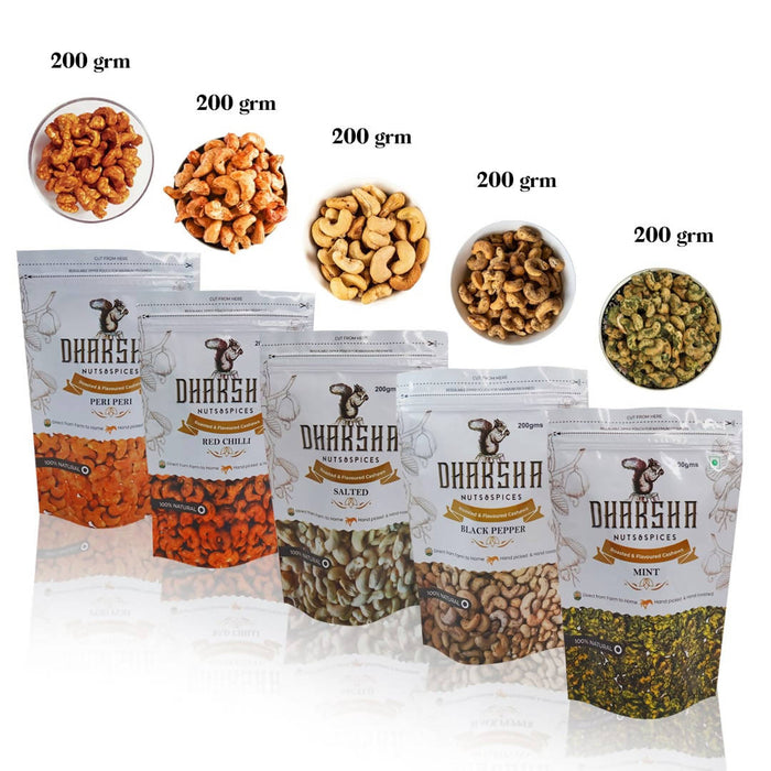 5 PACK COMBO ROASTED AND FLAVORED CASHEW EACH 200 GRAMS(SALT,BLACK PEPPER,MINT,RED CHILLI,PERI PERI)