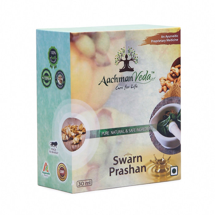 Aachman Veda Swarn Prashan with 90mg 24 Carat Gold Ayurvedic Immunity Booster For Children (GMP Certified & Ayush Approved) 30 ML With Veg