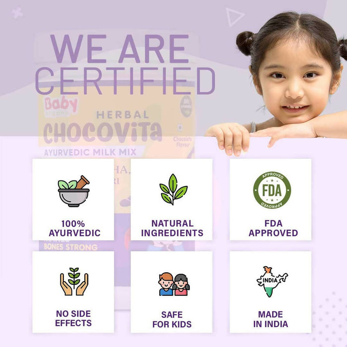 Babyorgano Herbal Chocovita Kids Instant Health & Nutritional Milk Drink Mix Powder Goodness of 100% Ayurvedic 15 Herbs Helps Brain Development, Supports Height, Weight Gain No Refined Sugar FDCA Approved 300gm