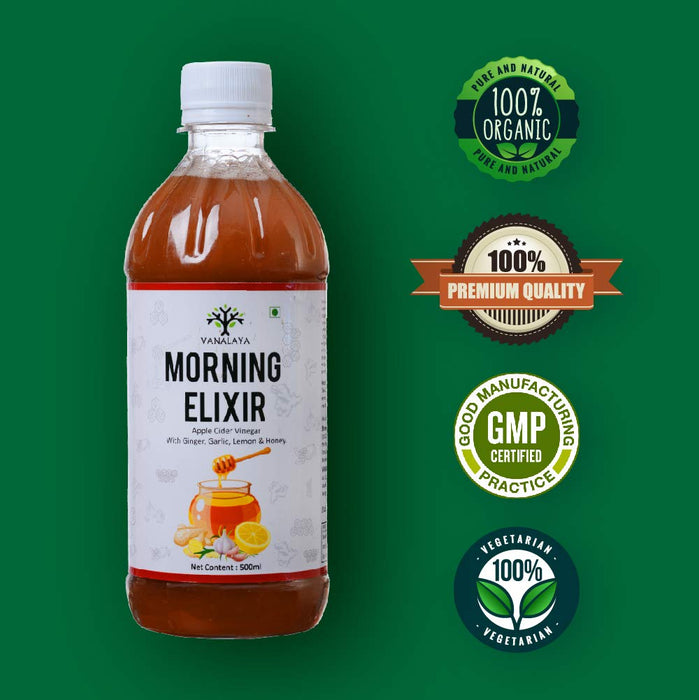 Vanalaya Morning Elixir Apple Cider Vinegar with Mother Ginger Garlic Lemon and Honey Raw Unfiltered Undiluted Unpasteurized Gluten Free for Weight Loss 500ml