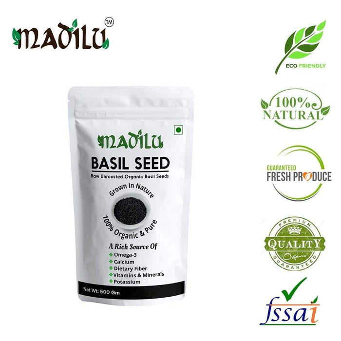 Madilu 100% Organic Premium Raw Basil Seeds - 250 Grams + Roasted Seeds Mix Immunity Mix Prepared from Chia; Flax; Sesame; Pumpkin; Watermelon Seeds (250 g) (Combo Pack)