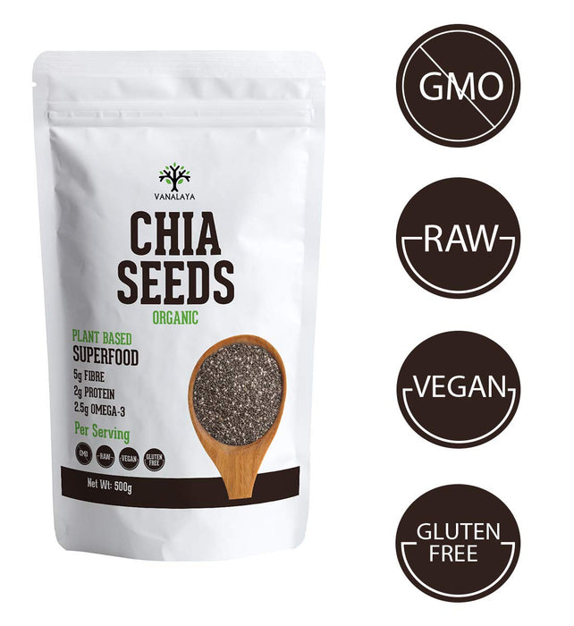 Vanalaya Raw Unroasted Chia Seeds for Eating with Omega 3 Protein and Fiber for Weight Loss Management -500g