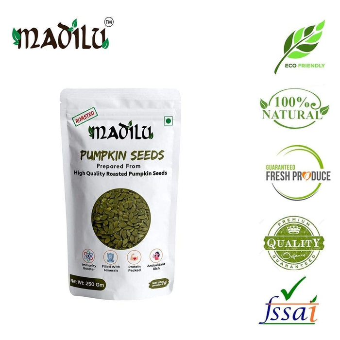 MADILU Organics Roasted Pumpkin Seeds for Eating; Snacks 250g + 100% Organic & Pure Raw Unroasted Organic Chia Seeds - 250Gm