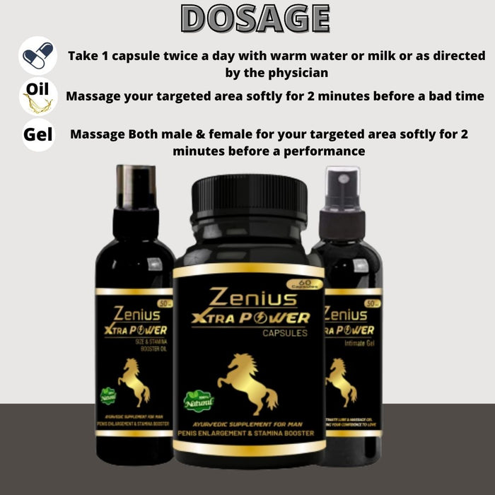 Zenius Xtra Power Kit for Men Sexual Solution | Sexual Capsule for Improve Timing, Size & Stamina Power (60 Capsules + 50mL Gel + 50ml Oil)