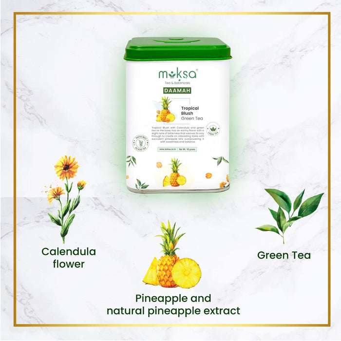 Moksa Green Tea Christmas Gift with Pineapple Calendula Flower | Tin Caddy | Organic Loose Leafs with Free Samplers