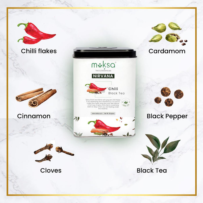 Moksa Black Tea Chili Chai Organic in Christmas Gift Item | Tin Caddy | Organic and Natural | Loose Leafs 50g with Free Samplers