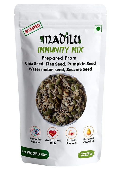 MADILU Organics Roasted Seeds Mix Immunity Mix Prepared (250 g) + Pure Raw Unroasted Organic Chia Seeds - 250Gm