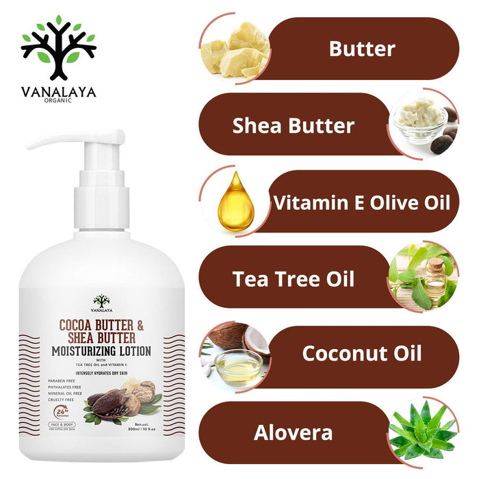 Vanalaya Cocoa Butter & Shea Butter Moisturizing Lotion with Vitamin E and coconut oil for Dry Skin Face and Body 300ml