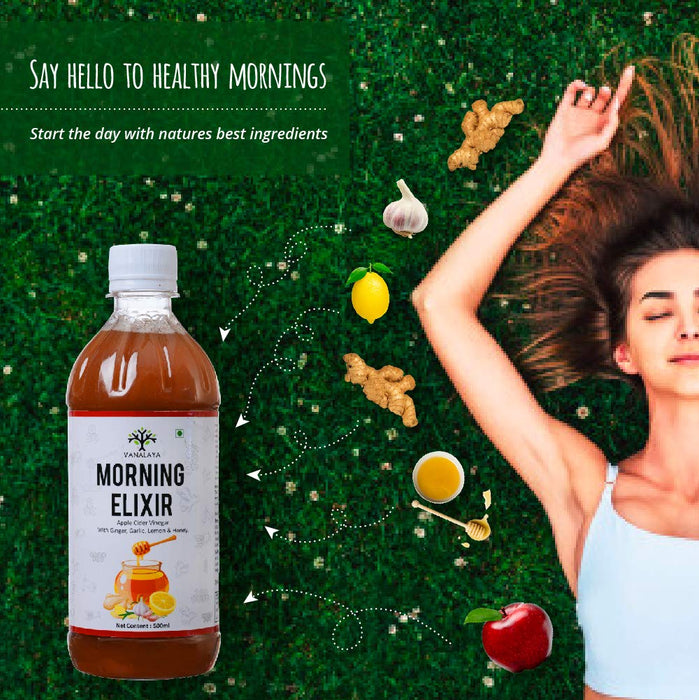 Vanalaya Morning Elixir Apple Cider Vinegar with Mother Ginger Garlic Lemon and Honey Raw Unfiltered Undiluted Unpasteurized Gluten Free for Weight Loss 500ml