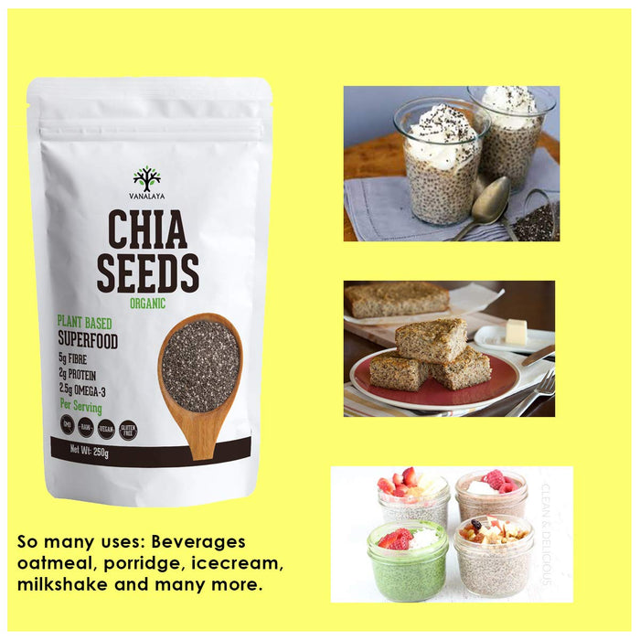 Vanalaya Raw Unroasted Chia Seeds for Eating with Omega 3 Protein and Fiber for Weight Loss Management -250g