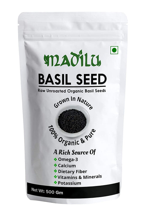 Madilu 100% Organic Premium Raw Basil Seeds - 250 Grams + Roasted Seeds Mix Immunity Mix Prepared from Chia; Flax; Sesame; Pumpkin; Watermelon Seeds (250 g) (Combo Pack)