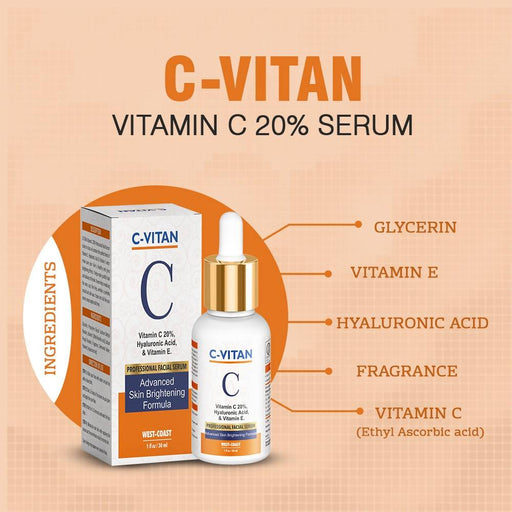 C-Vitan Vitamin C 20%, Hyaluronic Acid & Vitamin E Professional Facial Serum - Advanced Skin Brightening Formula Serum 30ml - Local Option