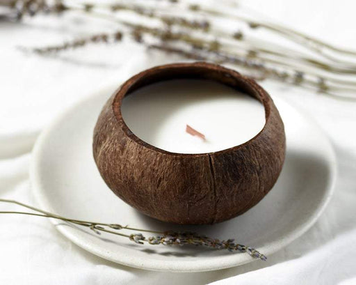 Coconut Shell Soy Candle With Wooden wick  Handmade by rural artisans in India - Local Option