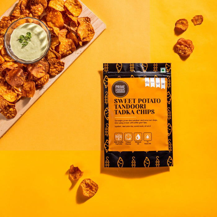 Prime Foods Sweet Potato Tandoori Tadka Chips | Crispy Vacuum Fried Chips | Vegan | Gluten Free | Rich in Fiber | Healthy Snack | 70 Grams Each