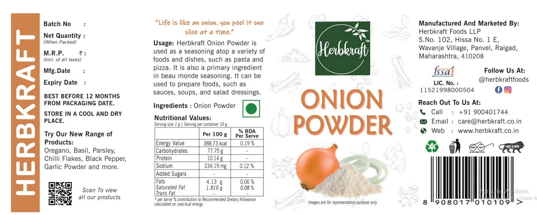 Herbkraft - Onion Powder 50 GM Pack of 1 | Fresh and Natural Herbs and Seasonings | Dry Leaves | Grocery - Masala - Spices | Sauces - Soups - Salad Dressings | No Added Colour and Flavour