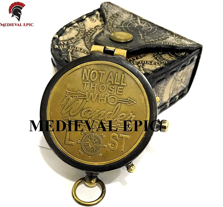 Nautical Marine Antique Brass Compass Engraved with NOT All Those WHO Wander are Lost with Gift Case