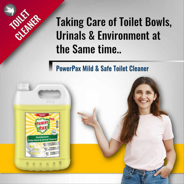 PowerPax Plus Mild & Safe Toilet Bowl & Urinal Cleaner with 99.99% Germ Kill Disinfectant Sanitizer Action (Citrus), 5L