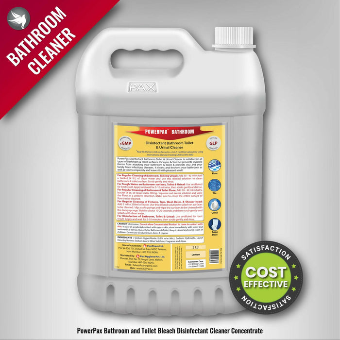 PowerPax Bathroom & Toilet Bleach Cleaner Concentrate with 99.9% Germ Kill Disinfectant Sanitizer Action (Lemon), 5L