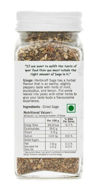 Herbkraft - Sage 22 GM Pack of 1 | Fresh and Natural Herbs and Seasonings | Dry Leaves | Grocery - Masala - Spices | Vegetable Stir Fry - Pesto | Mint - Eucalyptus - Lemon | No Added Colour & Flavour