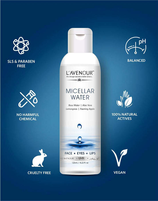 L'avenour Micellar Water for Deep Cleansing For Face, Eyes & Lips |Natural Makeup Remover - 125ml (Pack of 2)
