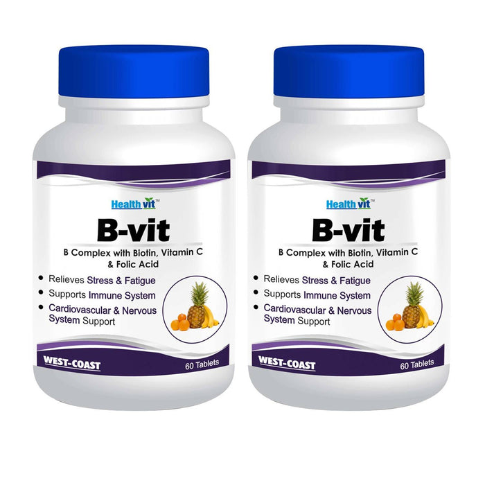 Healthvit Nutrition Natural B-Vit Vitamin B complex with Biotin, Vitamin C and Folic Acid - 60 Tablets (Vitamins B1, B2, B6) - Pack of 2 - Local Option