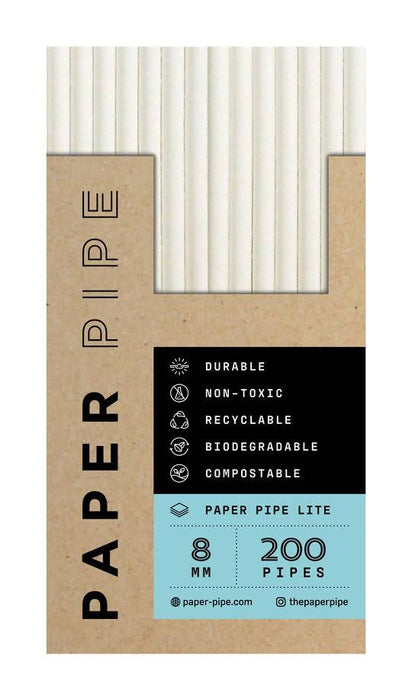 Paper Pipe [Lite] Paper Straws [200 pack] 8mm Straw, Eco Friendly Quality White Disposable Drinking Straws for Drinking Juice, Thick Shake, Iced Tea, Cocktail, Smoothies and Drinks. Safe for 