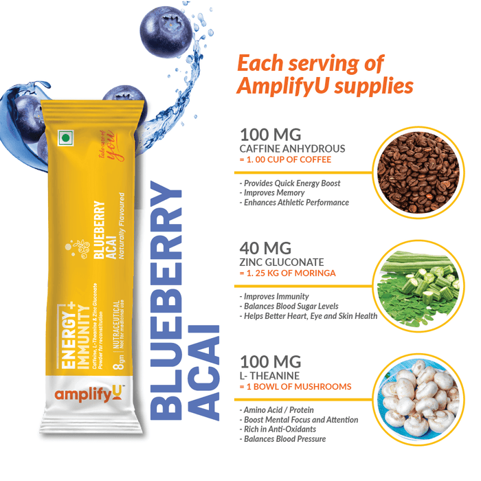 AMPLIFYU ENERGY & IMMUNITY POWDER Blueberry Acai Flavour (1x10 Sachets – Pack of 1)