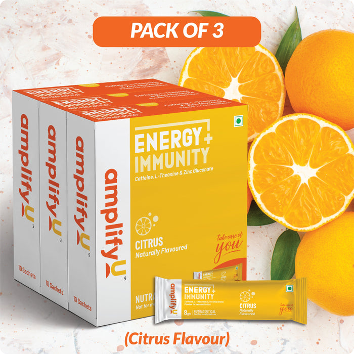 AMPLIFYU ENERGY & IMMUNITY POWDER  Citrus Flavour (1x10 Sachets – Pack of 3)