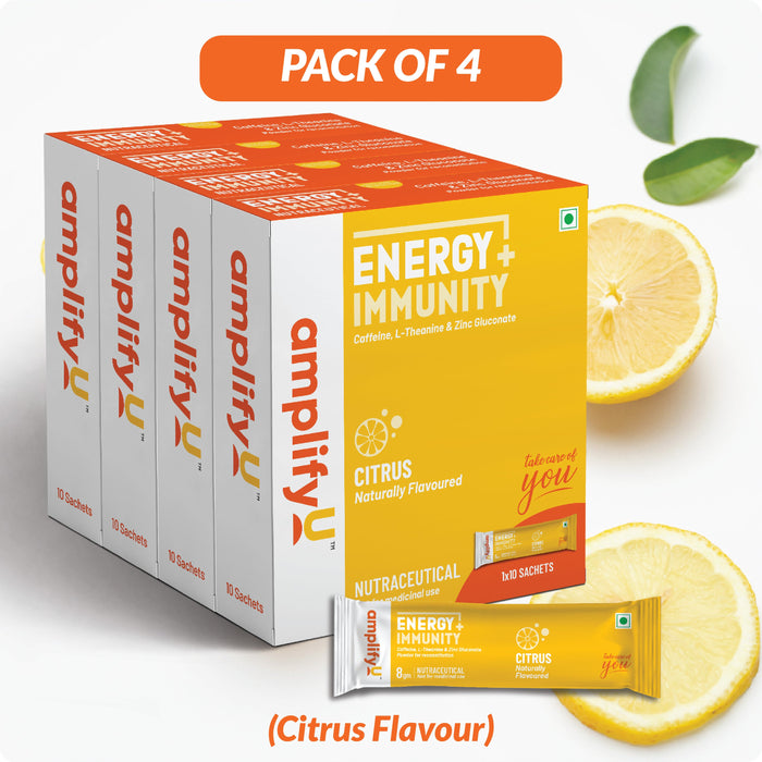 AMPLIFYU ENERGY & IMMUNITY POWDER  Citrus Flavour (1x10 Sachets – Pack of 4)