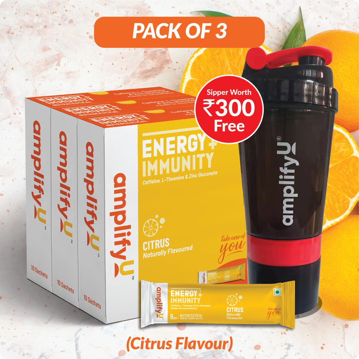 AMPLIFYU ENERGY & IMMUNITY POWDER  Citrus Flavour (1x10 Sachets – Pack of 3)