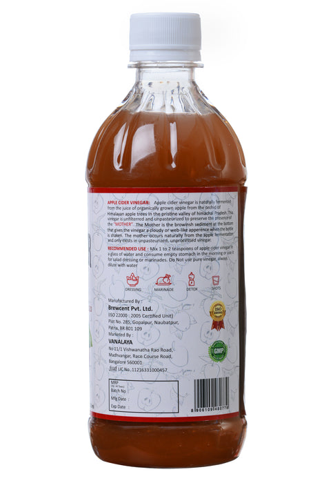 Vanalaya Organic Apple Cider Vinegar with Mother Raw Unfiltered Undiluted Unpasteurized Gluten Free for Weight Loss 500ml