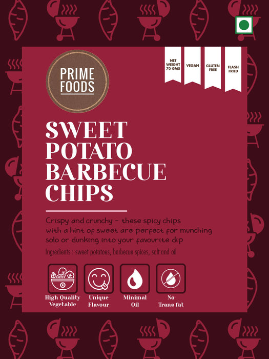 Prime Foods Sweet Potato Barbecue (BBQ) Chips | Crispy Vacuum Fried Chips | Vegan | Gluten Free | Rich in Fiber | Healthy Snack | 70 Grams Each