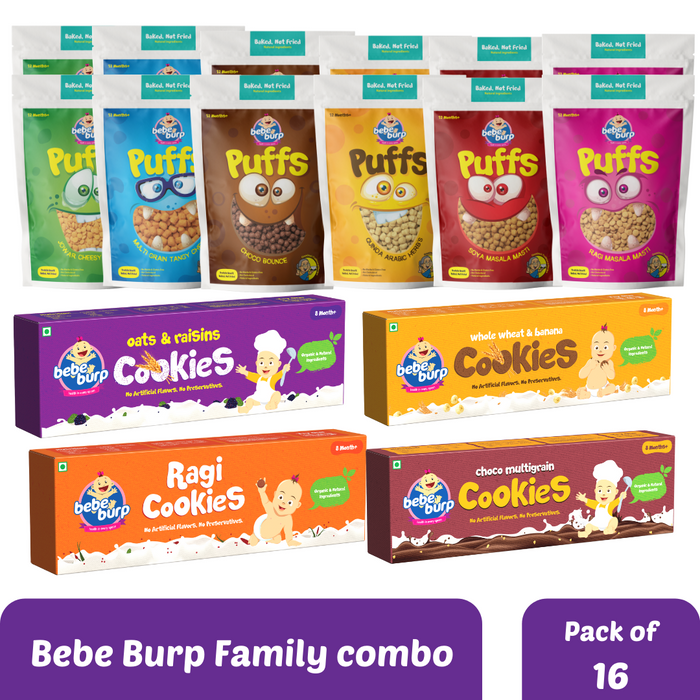 Bebe Burp Organic Family Combo(4 Cookie(100gm each)s+12 Healthy Puff(30gm each))-Pack of 16