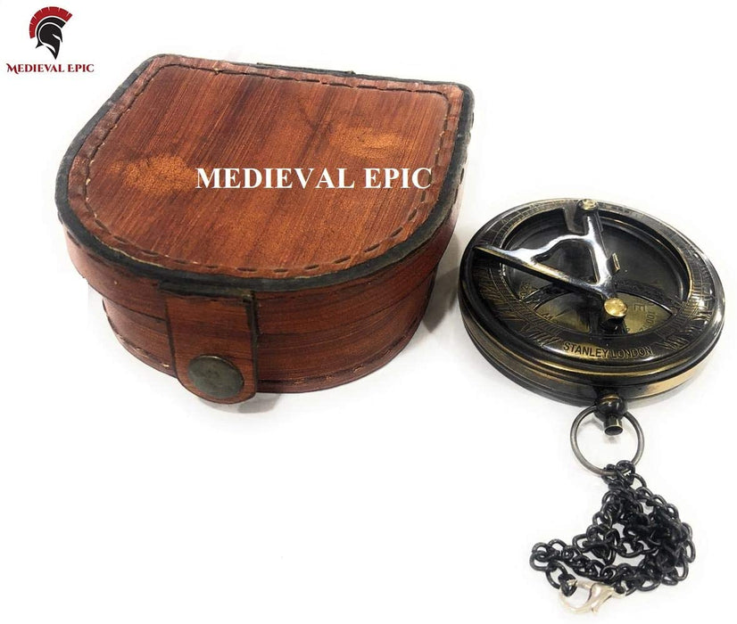 Brass Compass Sundial Clock with Leather Case Push Button Style