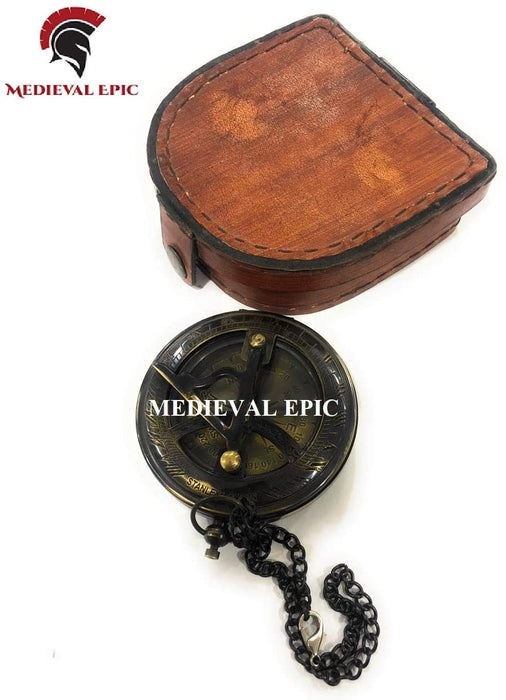 Brass Compass Sundial Clock with Leather Case Push Button Style