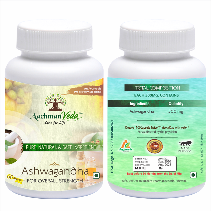 Aachman Veda Cure For Life Pure Natural Safe Ingredient An Ayurvedic Proprietary Medicine For Overall Strength Ashwagandha 60 Capsules 500 Mg With Veg