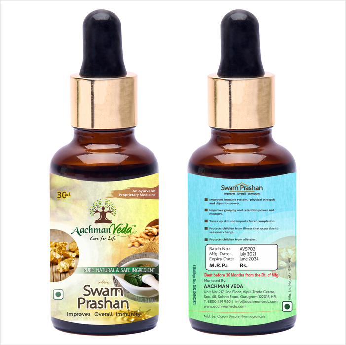 Aachman Veda Prashan with 90mg 24 Carat Gold Ayurvedic Immunity Booster For Children (GMP Certified & Ayush Approved) 30 ML With Veg