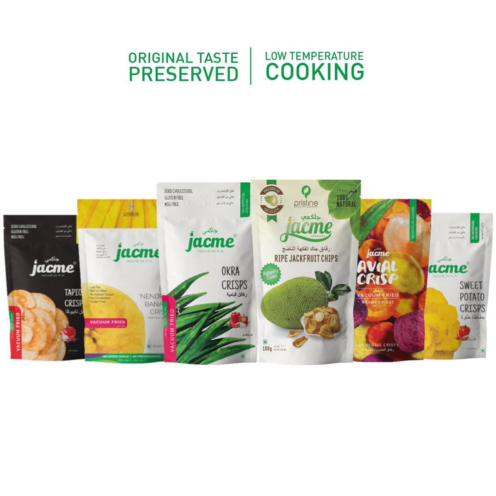 Jacme Delight Vacuum Cooked Combo Pack of 6 | Jackfruit + Banana + Okra + Sweet Potato + Tapioca + Avial Crisp Combo Pack | 6 Variants - Local Option