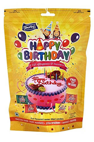 Derby Assorted Cream Centre Eclairs Candy, Darling Velvetto Mix Fruit Candy, Happy Birthday Mixed Fruit Candy, and Kaireez Kaccha Mango Pack of 4 / Birthday Party Pack/ Return Gifts to Your Family