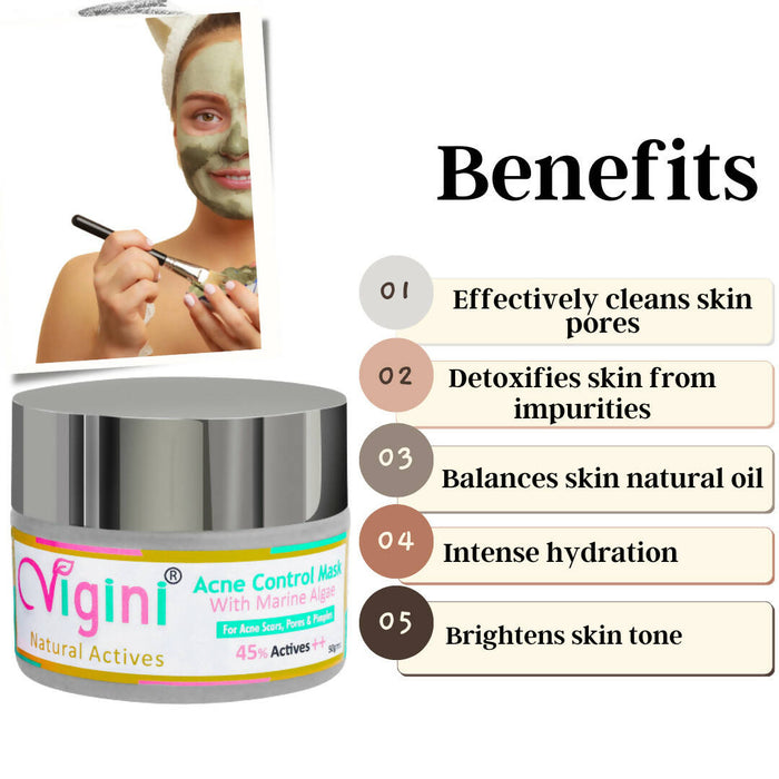 Vigini 45% Actives Marine Algae Clay Face Pack Mask & 30% Actives Foaming Toner Cleanser Wash Anti Acne Kit Oily Prone Skin Removes Pimples Blackheads Dries Blemishes Unclog Pore Fade Scars Men Women