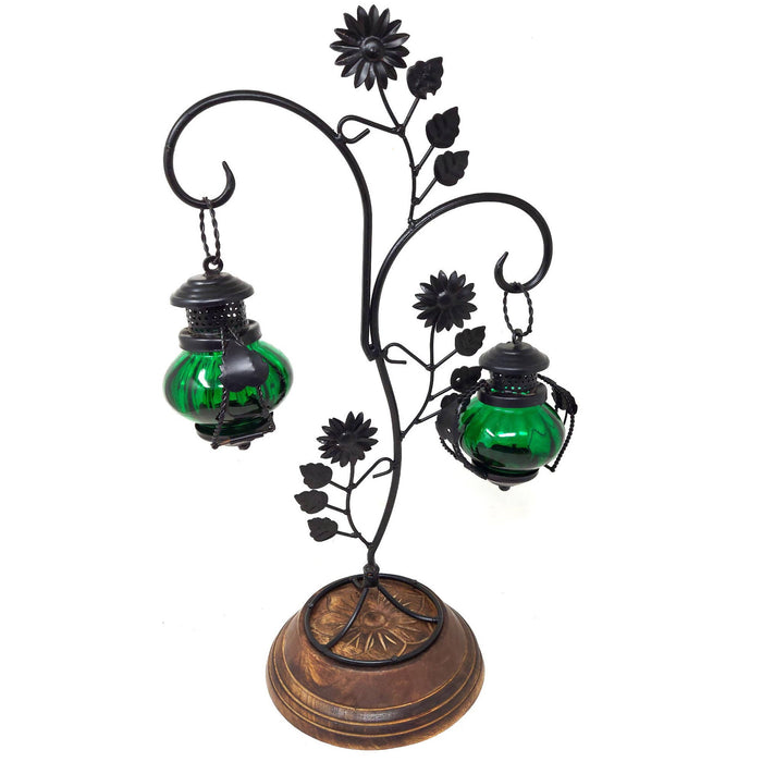Desi Karigar® Attractive Glass & Metal Candle Stand Lantern Green