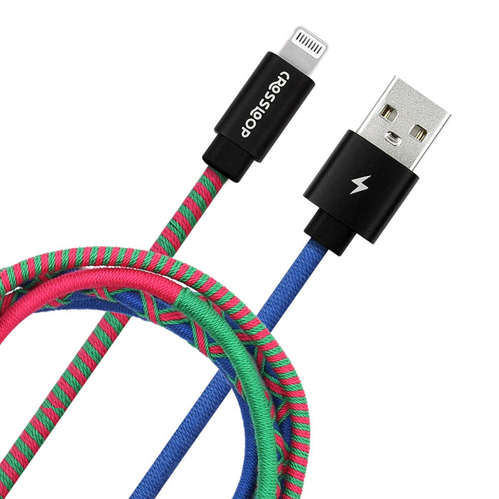 Crossloop PowerPro Designer Charging Cable Compatible for iPhone, 1 Meter (Blue,Green & Pink)