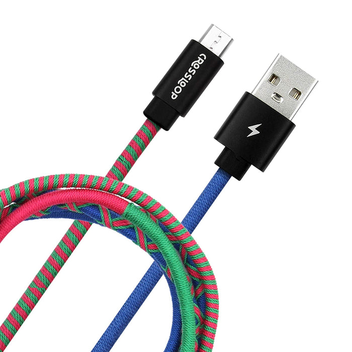 Crossloop PowerPro Designer USB A to Micro USB Charging Cable, 1 Meter (Blue,Green & Pink)