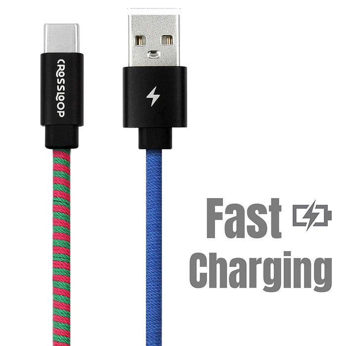 Crossloop PowerPro Designer USB A to Type-C Charging Cable, 1 Meter (Blue,Green & Pink)