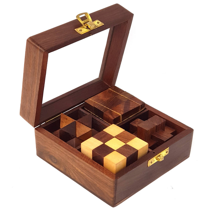 Desi Karigar® 4-In-One 3D Wooden Puzzle Games Set Brain Teaser