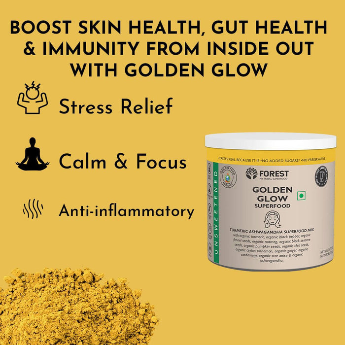 Forest Organic Golden Glow (30 Servings) Turmeric Latte Mix | A Healthy Blend of Immunity, Gut Health, Skin Beauty | Ashwagandha for Immunity & Stress Relief | Saffron Turmeric Milk | 150g