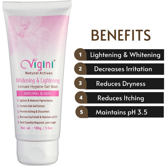 Vigini 100% Natural Actives Vaginal Intimate Lightening Whitening Feminine Personal Hygiene Deodorant Gel V Wash for Women pH Maintain 3.5 Non Staining as Serum Cream Oil 100ML