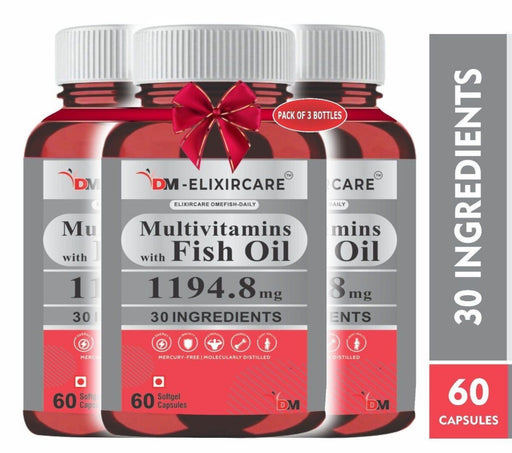 DM ElixirCare Multivitamin with Omega 3 Fish Oil 1000mg with 30 Ingredients for Immunity, Energy, Bone & Joint Health - 180 Softgel Capsules - Local Option